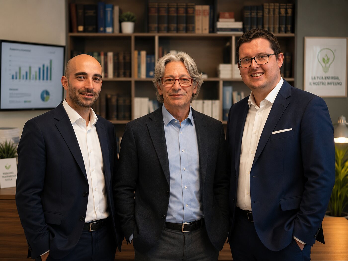 Damiano, Maurizio e Christopher, i tre soci dello studio, nel loro ufficio a Novara